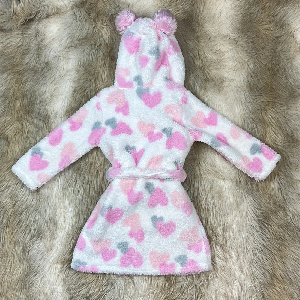 Laura Ashley Girls Plush Heart Robe Pom Pom Hood Belt 4T